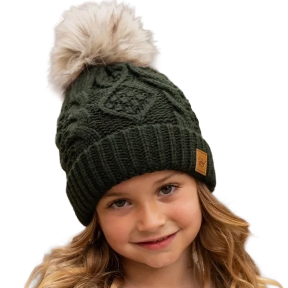 Panache Kids Green  cable knit hat with faux fur pom accent (69)